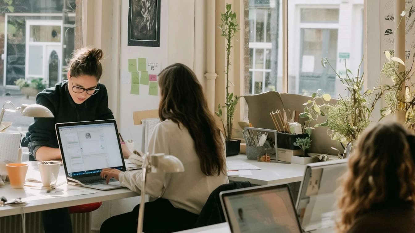 Three people work at desks with laptops in a bright, plant-filled office space.